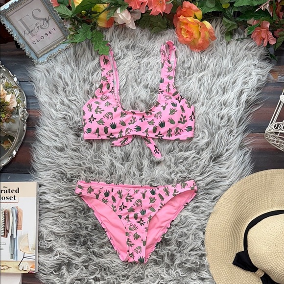 Cabana Del Sol Pink Cactus Leaf Print 2 Piece Bikini Set, S - Picture 2 of 13